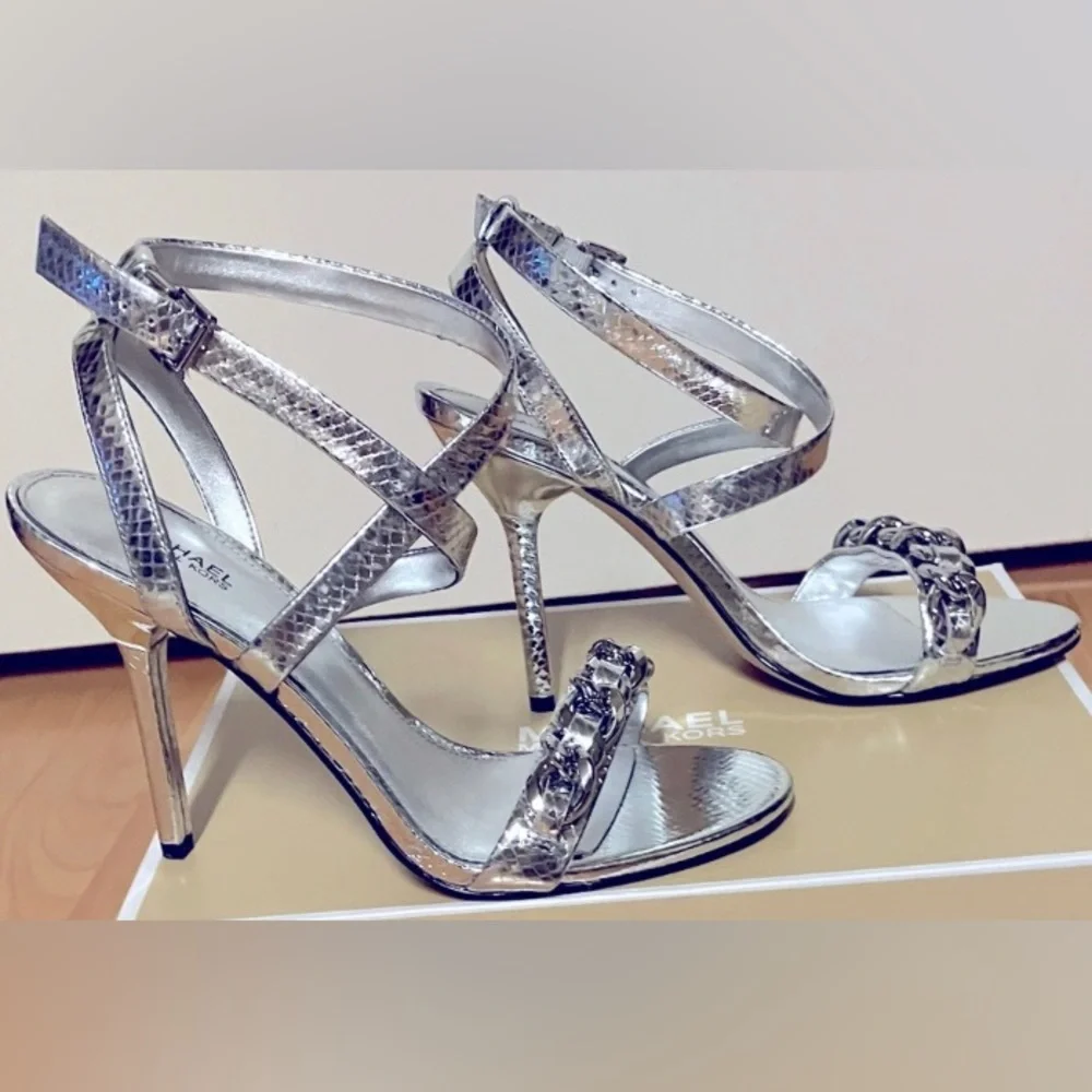 Michael Kors Silver High Heel Leather Sandal - Chain Front/Strappy/Size 7